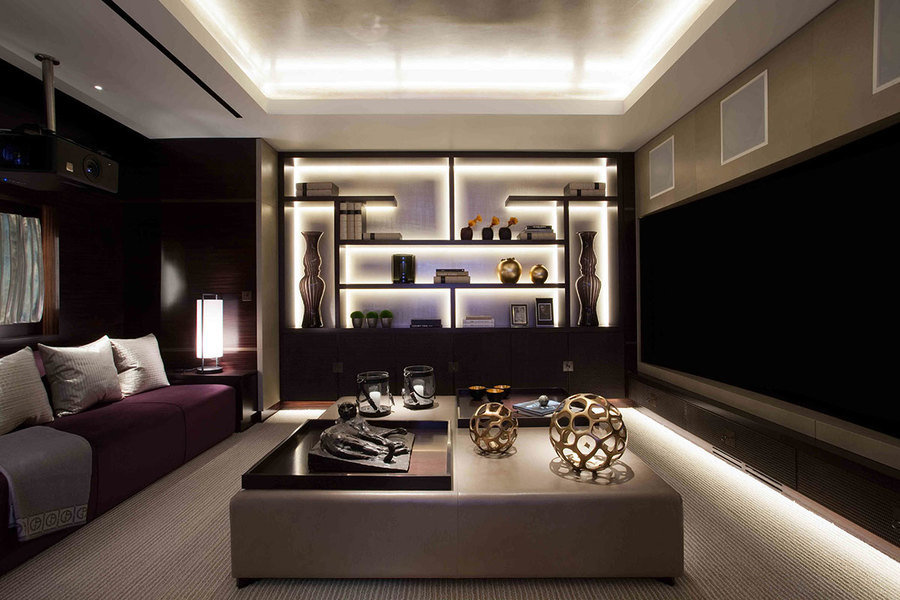 This media room, designed by Andrew Wilford, merges form and function thanks to bespoke elements like