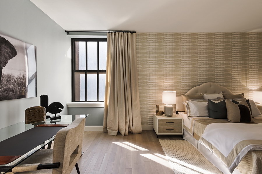 Designed by Taylor Spellman, this guest bedroom at One Hundred Barclay Street in Tribeca has a luxuri