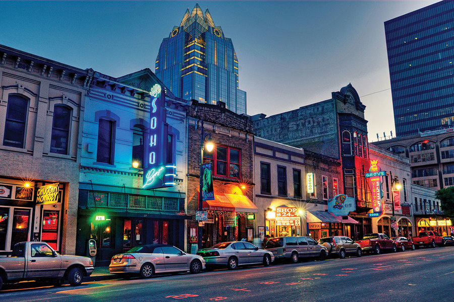 Austin, left, has a robust tech-driven economy, but its ”downtown” vibe and red-hot live music scene