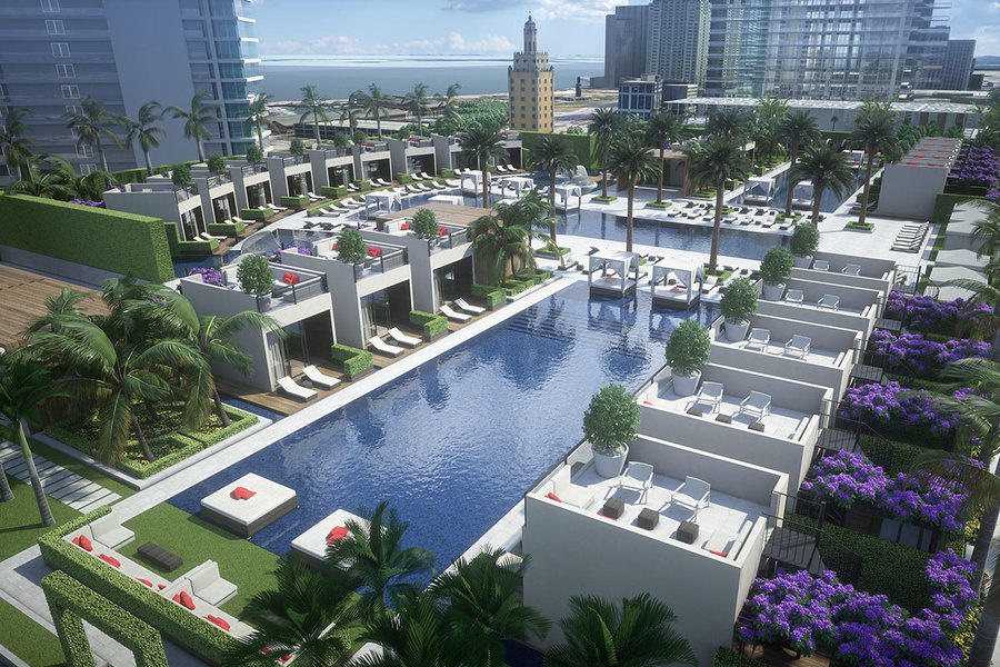La piscina y cabañas en el PARAMOUNT Miami Worldcenter.