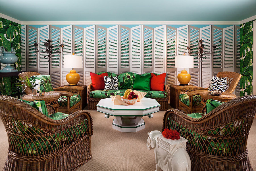 Dorothy Draper “Brazilliance” wallpaper and upholstery takes center stage with its vibrant banana lea