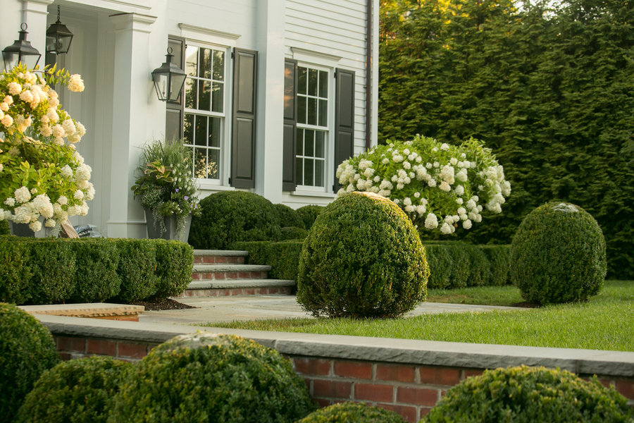 Designed by Janice parker, this home's manicured hedges, flowering bushes, and potted plants make a g