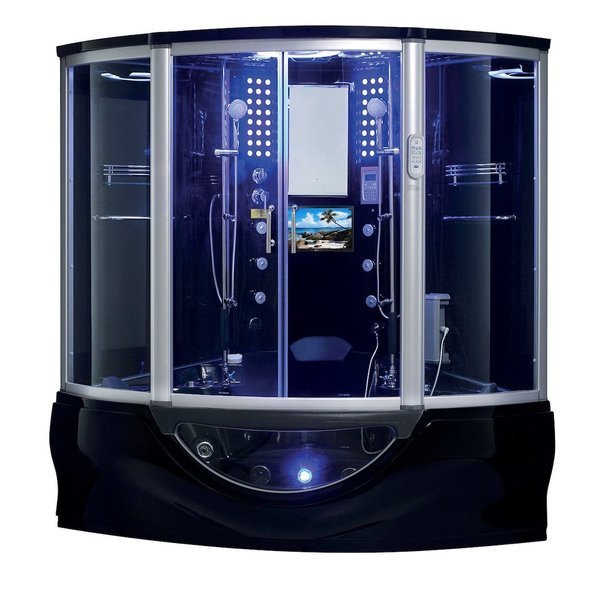 The Superior shower by Maya Bath has a whirlpool bathtub and 12-inch digital TV.