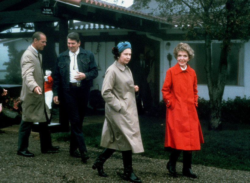 Queen Elizabeth II and Prince Philip pose with Mr. Reagan and Mrs. Reagan outside Rancho Del Cielo in