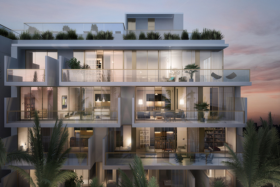 A rendering of the exterior of Three Hundred Collins. The new condominium at 8995 Collins Avenue will