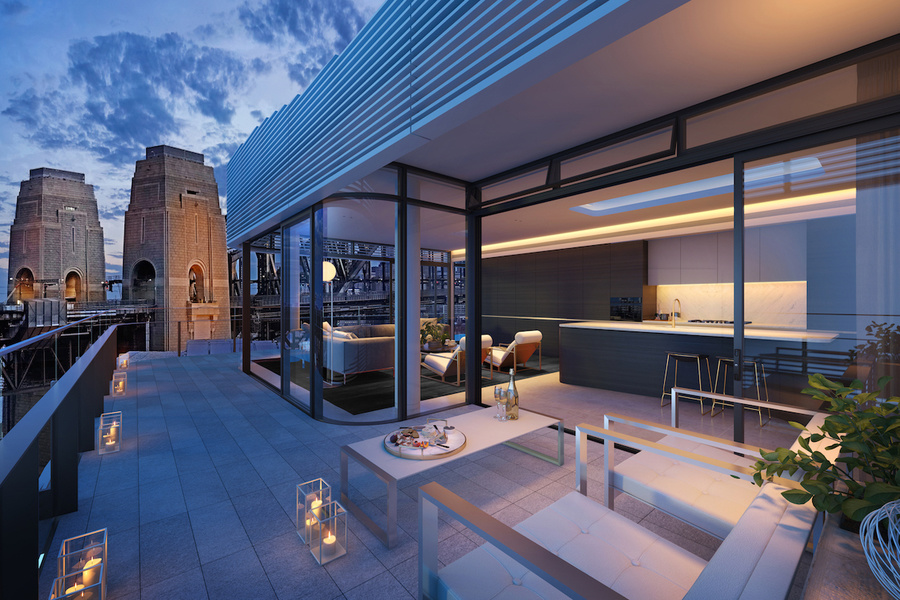 A penthouse terrace view at Aqualuna in Sydney