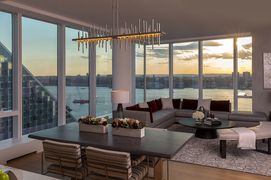 Designed by Jeffrey Beers, this apartment in One West End in New York City plays with vertical and ho